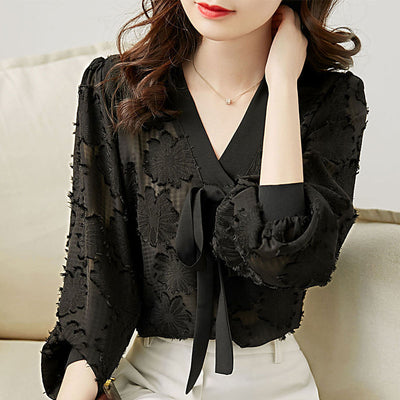 Blusa Chiffon con Mangas Farol y Moño - Corte Holgado y Estilizador