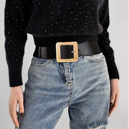 Cinturón Elástico Retro para Mujer con Hebilla Cuadrada Metálica Negro - Image 2