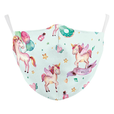 Black dust mask with a whimsical print featuring white unicorns, colorful donuts, yellow stars, and rainbows. - Image 13