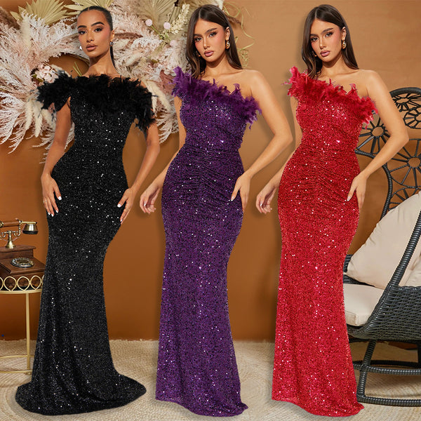 Vestido de Noche Sexy con Lentejuelas y Plumas - Diseño Elegante para Eventos