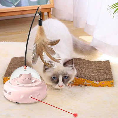 Electric interactive cat toy with a beige base, clear dome, and a cute cat head inside. Features a feather teaser wand with a bell. - Image 12
