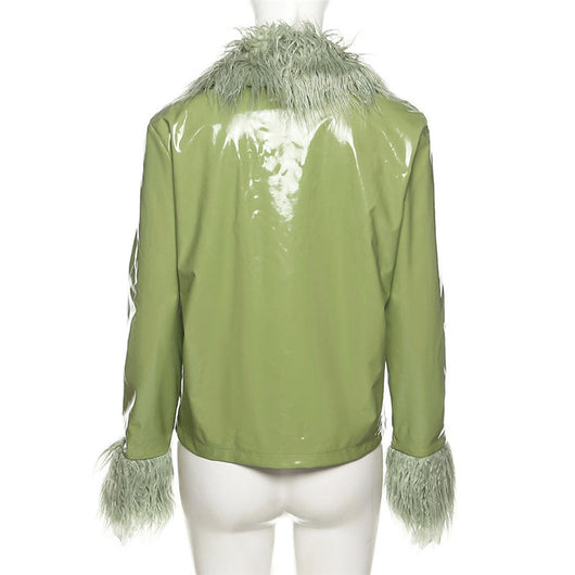 Chaqueta de Cuero Slim con Cuello de Piel - Abrigo Cálido de Botón Único para Mujer - Image 7