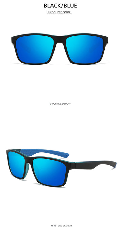 Black and blue polarized sports sunglasses with rectangular frames and blue mirrored lenses reflecting snowy mountains. - Image 19