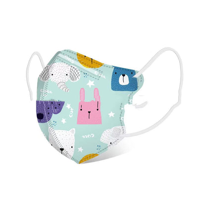 White children's 3D protective mask with a cartoon pattern of pink bears, blue cats, and trees, featuring ear loops. - Image 33