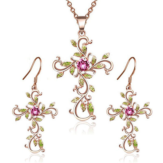Conjunto de Aretes y Collar con Colgante Cruz en Aleación - Image 5
