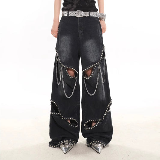 Jeans con Cadena de Remaches Hueca de Diseño Industrial