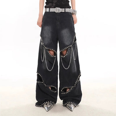 Jeans con Cadena de Remaches Hueca de Diseño Industrial