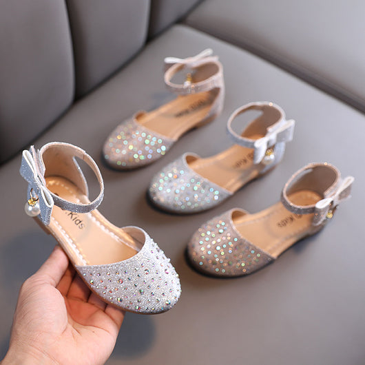 Zapatos de Cuero Infantiles con Perlas y Brillantes