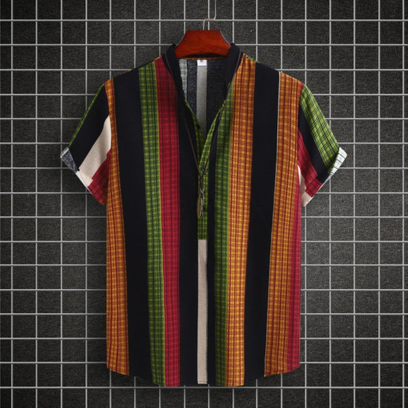 Camisa Étnica de Cuello Mao Rayas Algodón-Lino Manga Corta