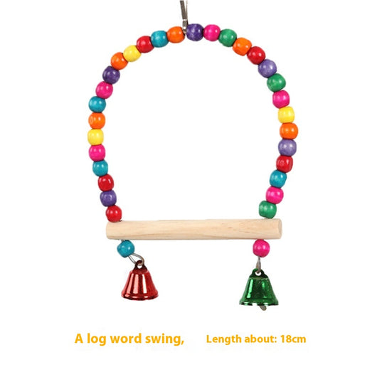 Colorful parrot swing toy with a natural wood perch, an arch of multicolored beads, and two small bells. - Image 12