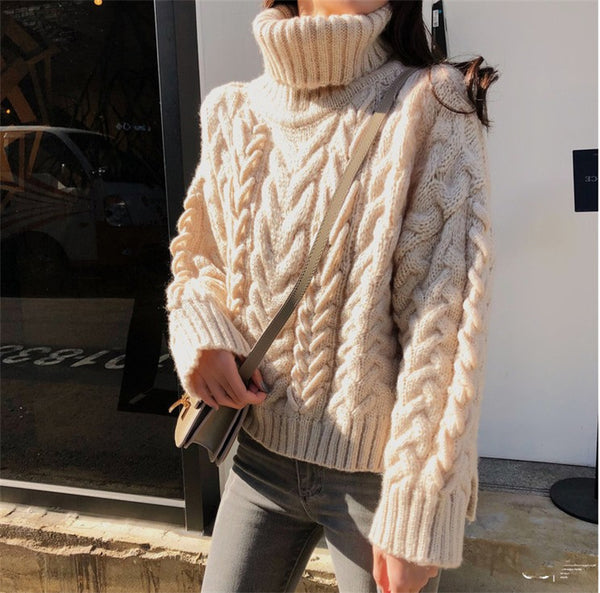 Suéter Cuello Alto Tejido Suelto Estilo Relajado con Textura Gruesa