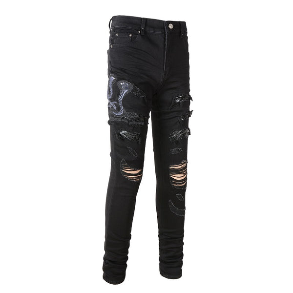 Jeans para Hombre con Parche de Serpiente de Tres Cabezas Bordado