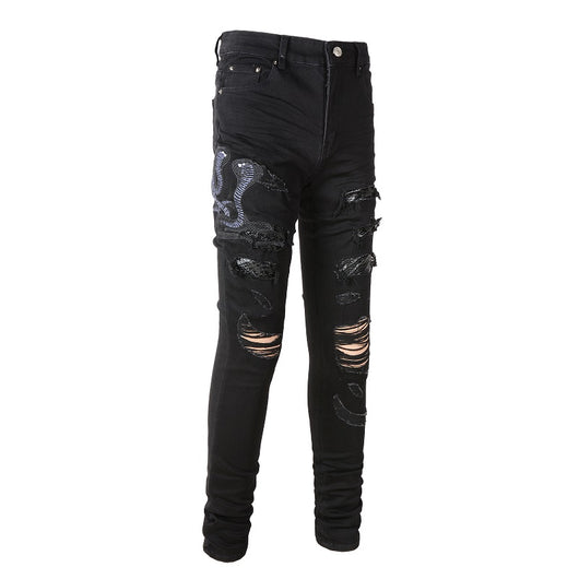 Jeans para Hombre con Parche de Serpiente de Tres Cabezas Bordado - Image 2