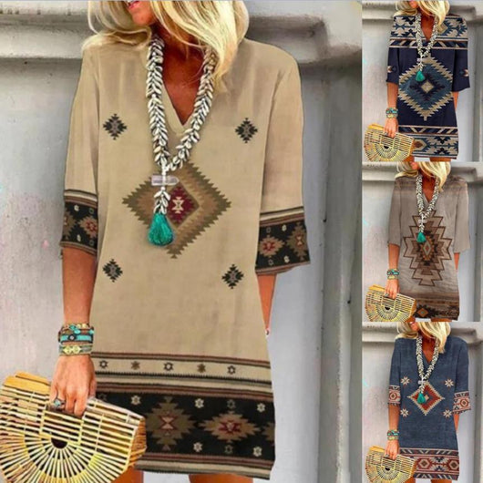 Vestido Suelto Estampado con Escote en V y Manga Corta para Mujer - Image 8