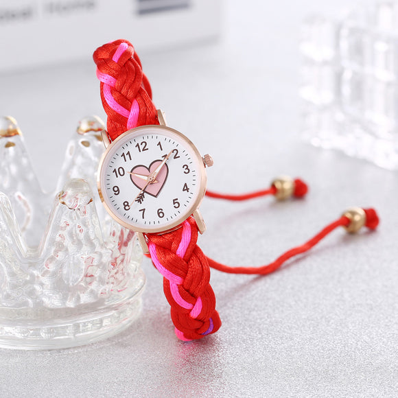 Pulsera Reloj Coreana Macaron Trenzada a Mano con Corazón Durazno