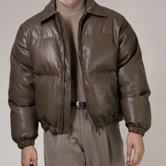 Chaqueta Acolchada de Cuero PU con Cuello Alto y Relleno Extra