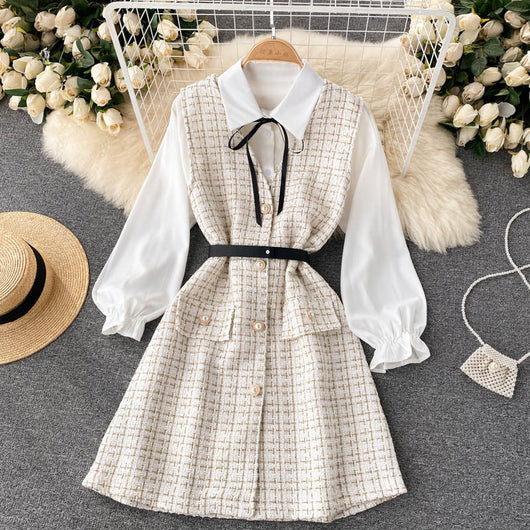 Vestido Houndstooth con Tirantes y Mangas Puff - Image 9
