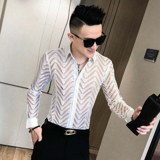 Camisa de Encaje Transparente para Hombre - Estilo Clubwear Moderno - Image 5