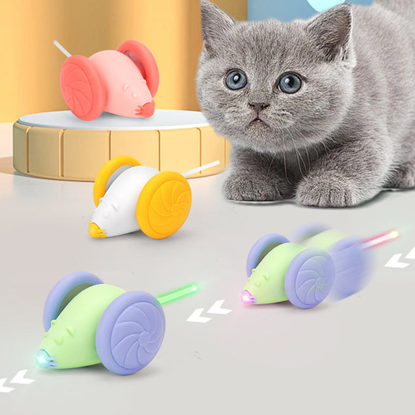 Green and purple mouse pet toy with wheels, USB rechargeable and luminous, shown with a white charging cable.
