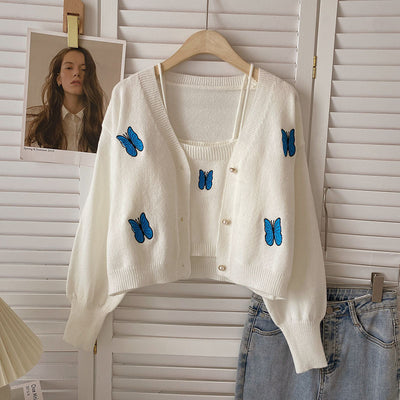 Chaleco de Punto con Bordado de Mariposa y Cardigan Manga Larga - Conjunto de Dos Piezas - Image 3