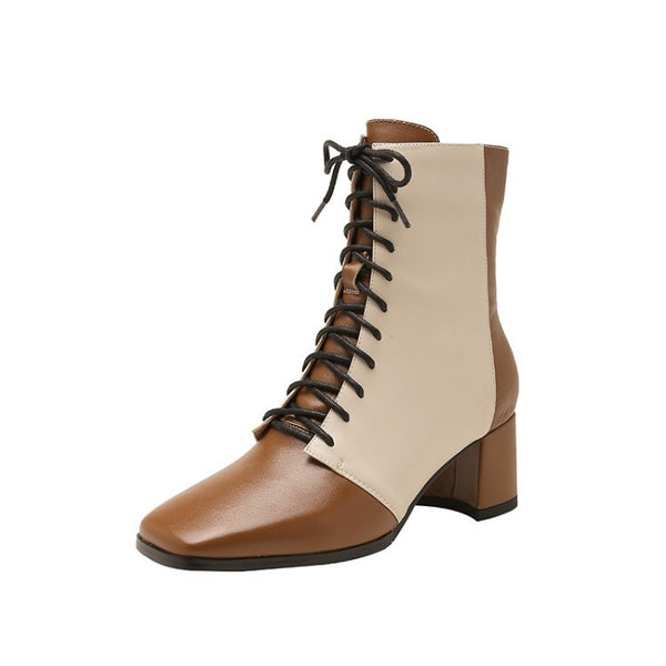Botas de Cuero Retro con Bloque de Color, Punta Cuadrada y Tacón Grueso