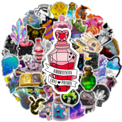 A hand holds a gothic-themed sticker featuring a raven, skull, and crystals, with a pile of 50 assorted waterproof stickers in the background. - Image 13