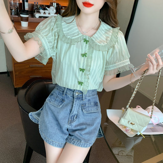 Blusa de Chifón con Cuello Muñeca y Mangas de Encaje - Image 3