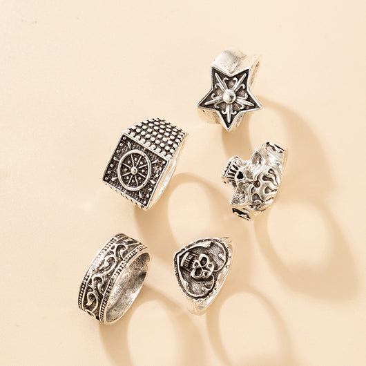 Set de 5 Anillos Hip-hop Punk Calavera Estrella y Amor para Halloween - Image 3