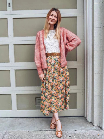 Falda Floral Francesa de Cintura Alta con Abertura Lateral para Mujer