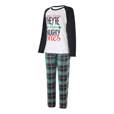 Family matching Christmas pajamas with "Dear Santa They're the Naughty Ones" print and green plaid pants. - Image 5
