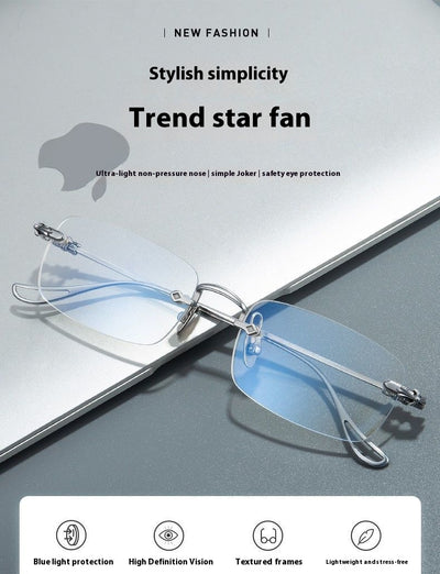 Silver rimless reading glasses with clear lenses held by a hand, featuring decorative temples and smart zoom technology. - Image 9
