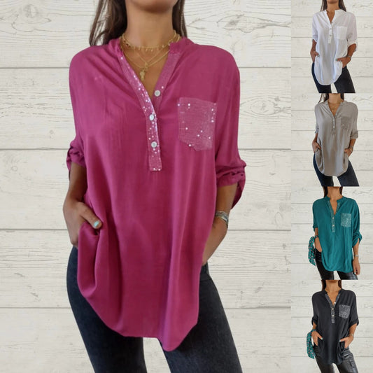 Blusa Casual V-Neck con Bolsillos y Parches Lentejuelas para Mujer
