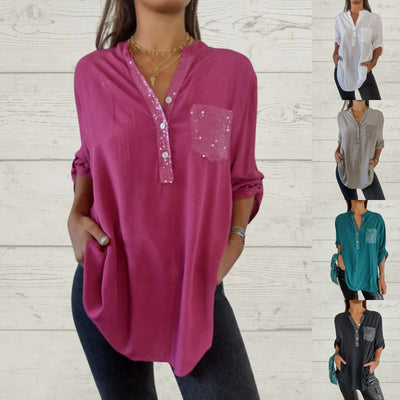 Blusa Casual V-Neck con Bolsillos y Parches Lentejuelas para Mujer