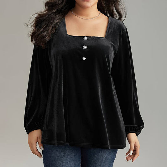 Blusa de Terciopelo Cuello Cuadrado Manga Larga Elegante y Suelta