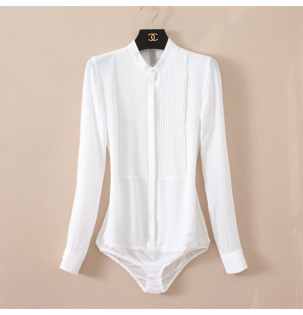Blusa de Chifón con Cuello Mao y Pliegues Estructurados
