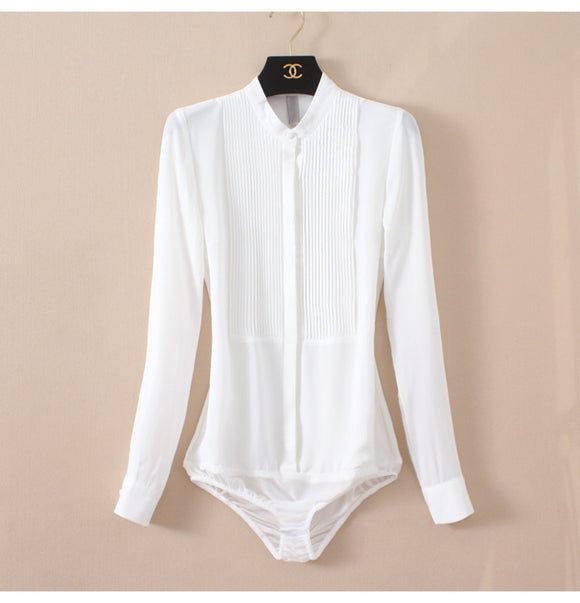 Blusa de Chifón con Cuello Mao y Pliegues Estructurados