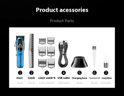 Blue electric hair clipper set with charging base, USB cable, cleaning brush, oil, and six guide combs. - Image 9