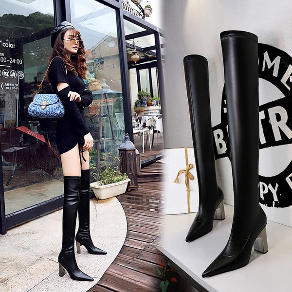 Botas Altas Over Knee con Tacón Cuadrado y Punta Afilada