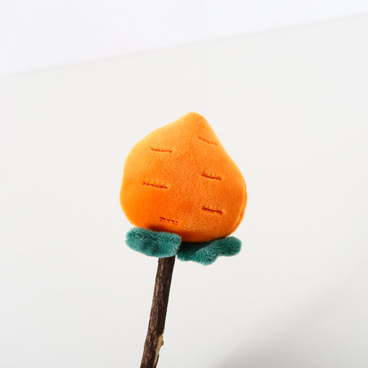 Plush carrot-shaped cat molar stick with green leaves on a natural wood stick, designed for pet play. - Image 6