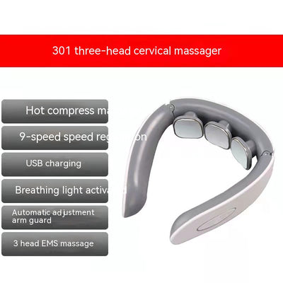 White and gray U-shaped neck massager with six silver electrode pads and control buttons on one arm. - Image 7
