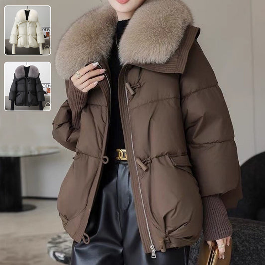 Abrigo Acolchado de Plumón con Cuello de Piel para Mujer - Chaqueta Corta Térmica Invierno
