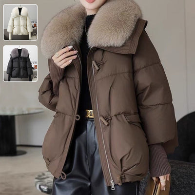Abrigo Acolchado de Plumón con Cuello de Piel para Mujer - Chaqueta Corta Térmica Invierno