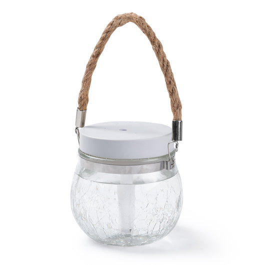 Desktop humidifier with a clear, crackled glass base, white lid, and a brown rope handle. - Image 12