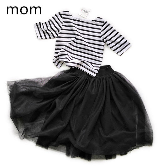 Children's two-piece dress with a black and white striped short-sleeve top and a black gathered tulle skirt. - Image 9