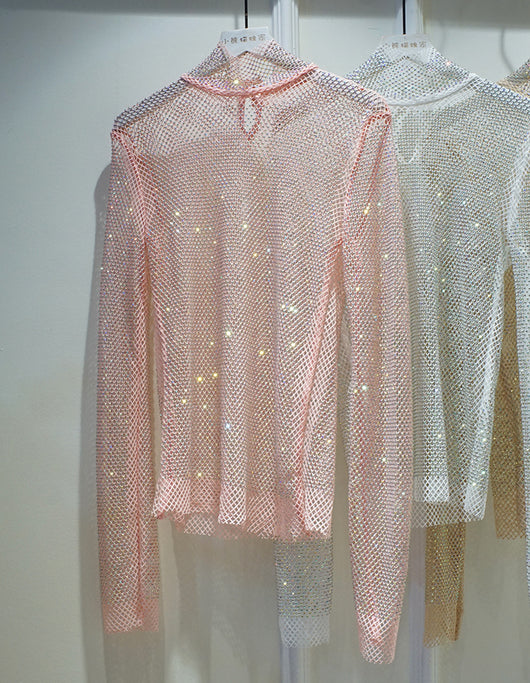 Blusa Transparente de Manga Larga con Cristales y Diamantes Brillantes - Image 2