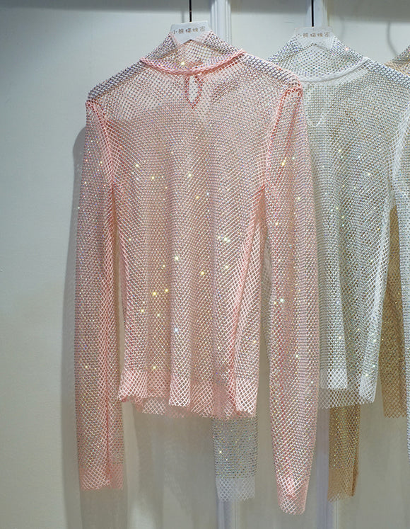 Blusa Transparente de Manga Larga con Cristales y Diamantes Brillantes