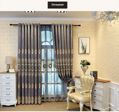 Blue sheer curtain with intricate gold and dark blue embroidery in a European classical style, draped over a window. - Image 23