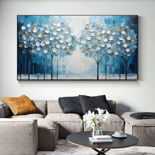 Cuadro Árbol de la Vida Abstracto Azul - Pintura al Óleo Moderna Boho Decoración del Hogar