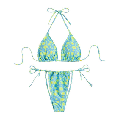 Lace-up sexy bikini with light blue and yellow floral print, featuring a triangle top and string tie bottoms. - Image 5