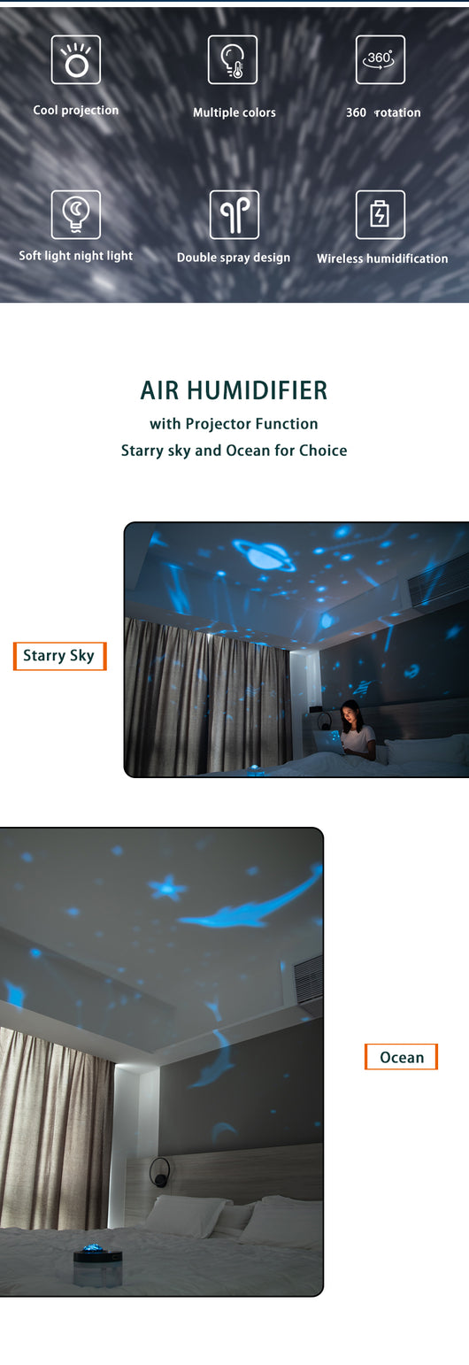 White portable projection humidifier with a translucent water tank and gold-accented control buttons. - Image 18